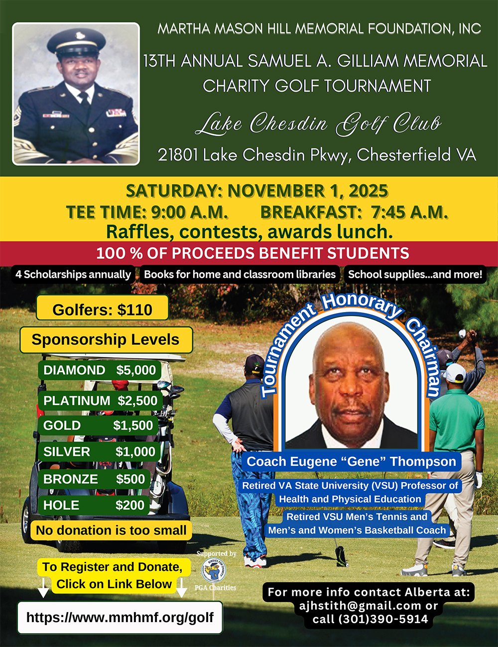 The 13th Annual SGM Samuel A. Gilliam Memorial Golf Tournament - Saturday, November 1st, 2025, Lake Chesdin Golf Club, 21801 Lake Chesdin Pkwy Chesterfield, VA 23838